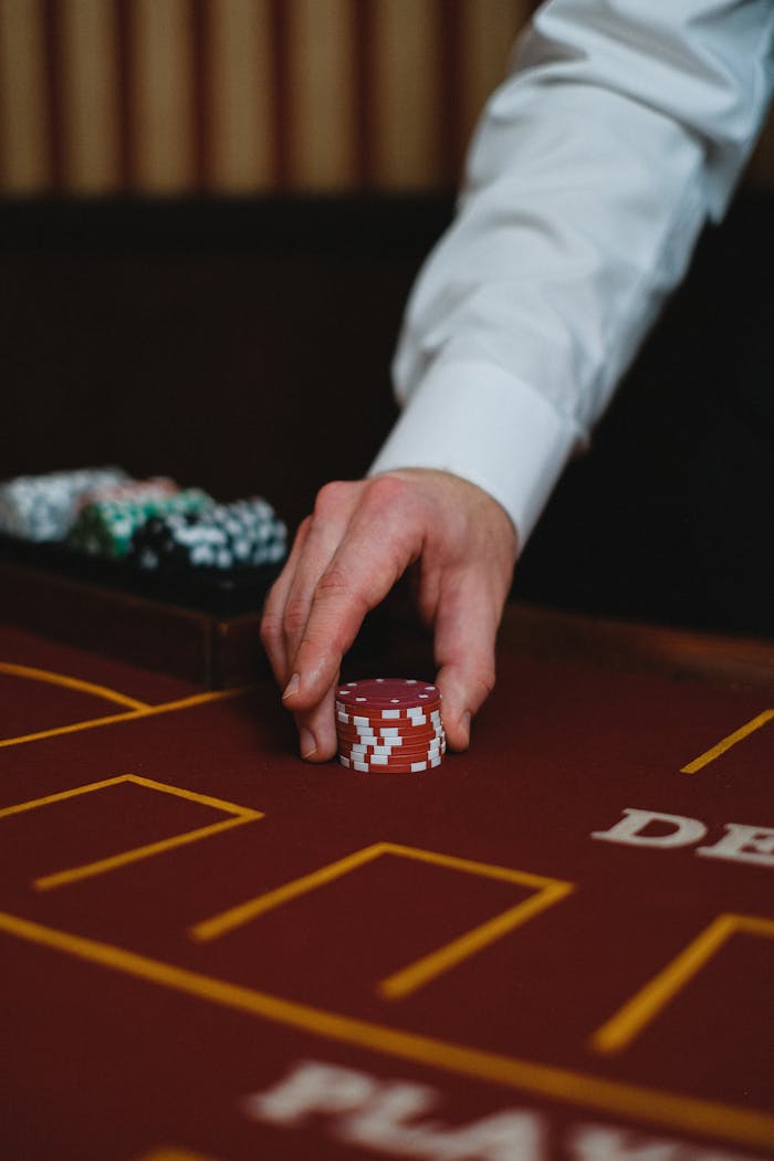 services-cta A dealer's hand holding red poker chips on a casino table, ready to play.