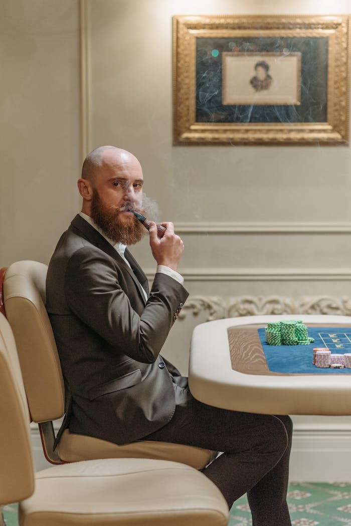 Bald man smoking pipe at casino poker table with chips. Elegant ambiance.